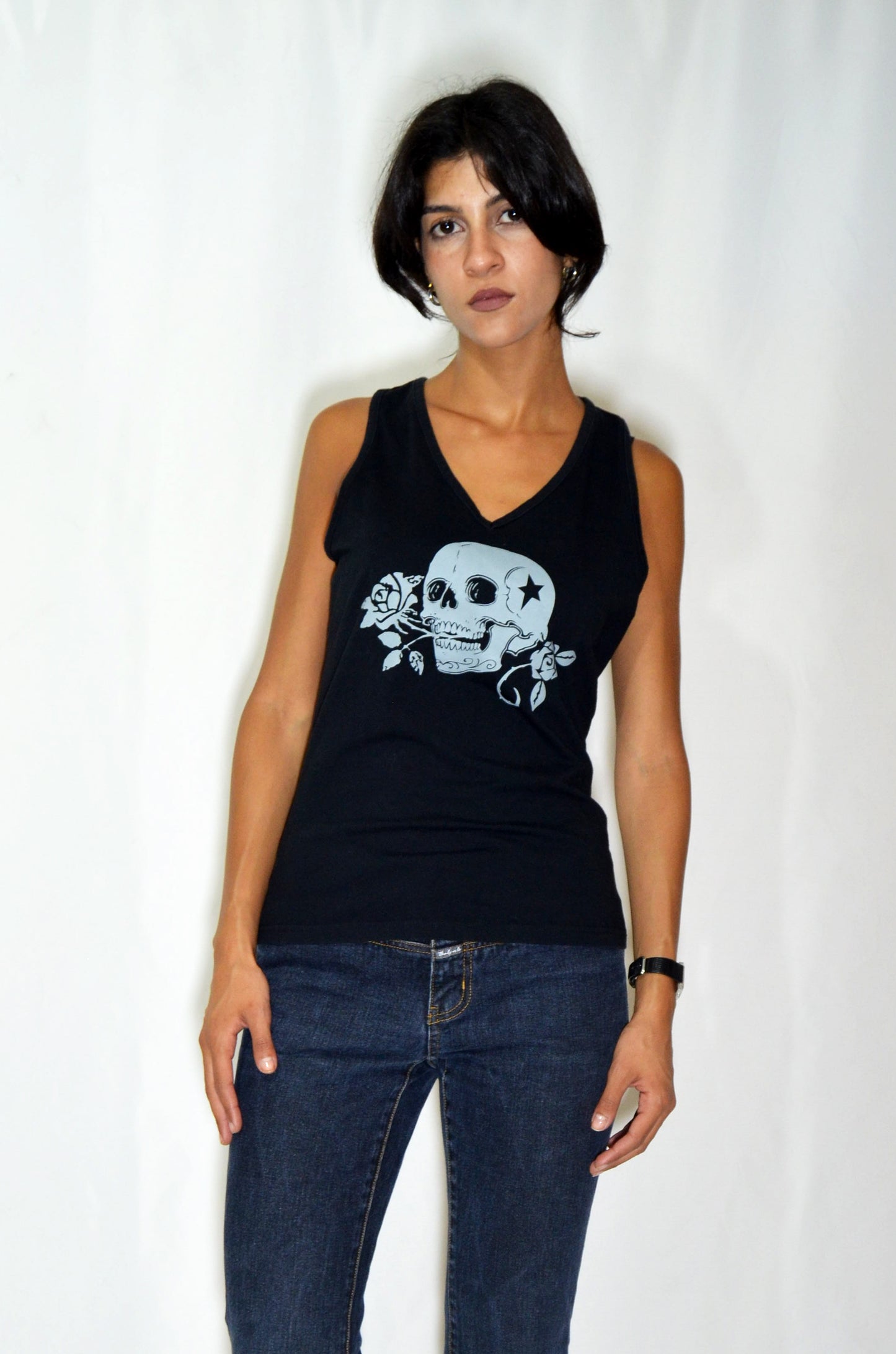Black Vintage Skull Illustrated Top