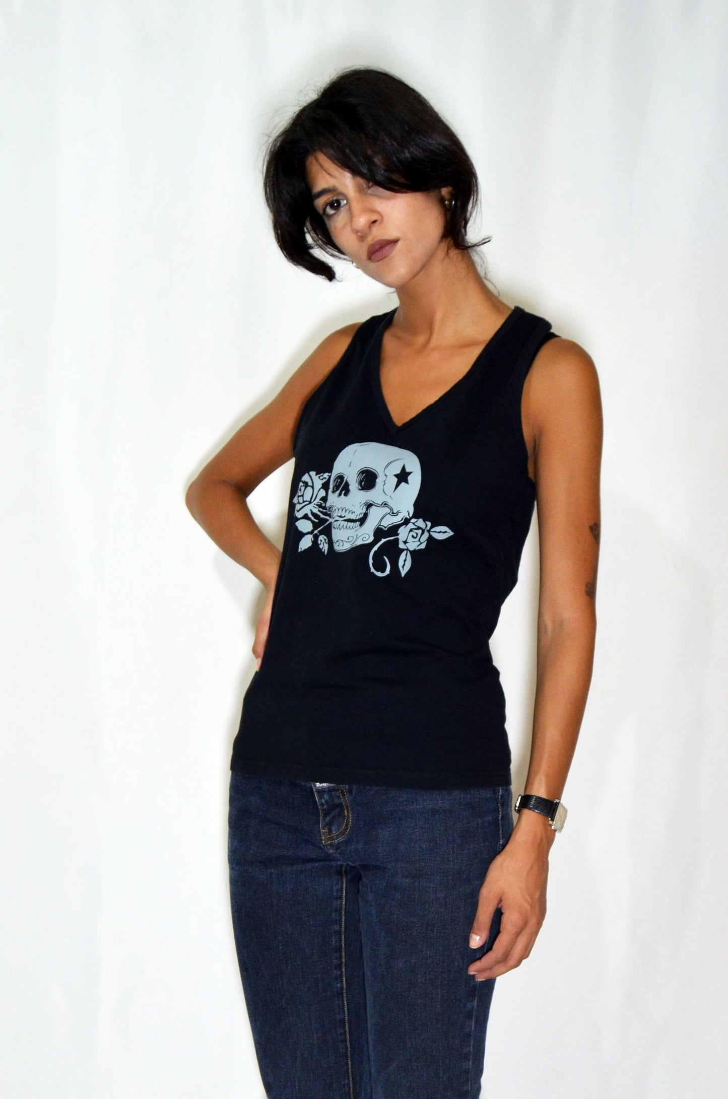 Black Vintage Skull Illustrated Top