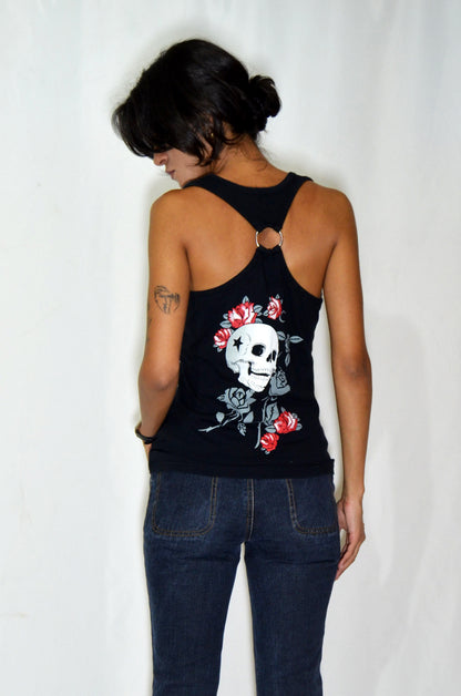 Black Vintage Skull Illustrated Top