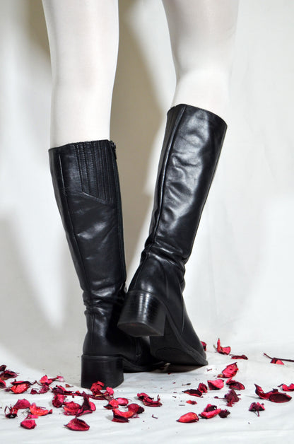 Black Vintage 90s Genuine Leather Knee High Heeled Boots