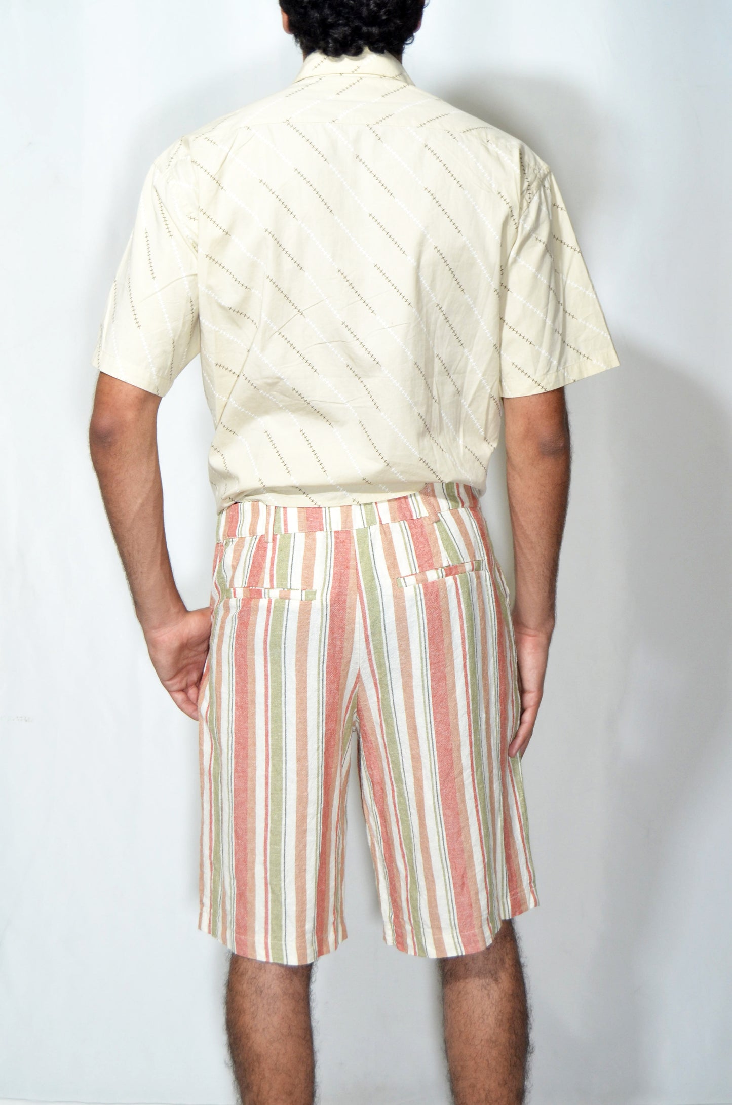 Salmon & Green Vintage Striped Linen Shorts
