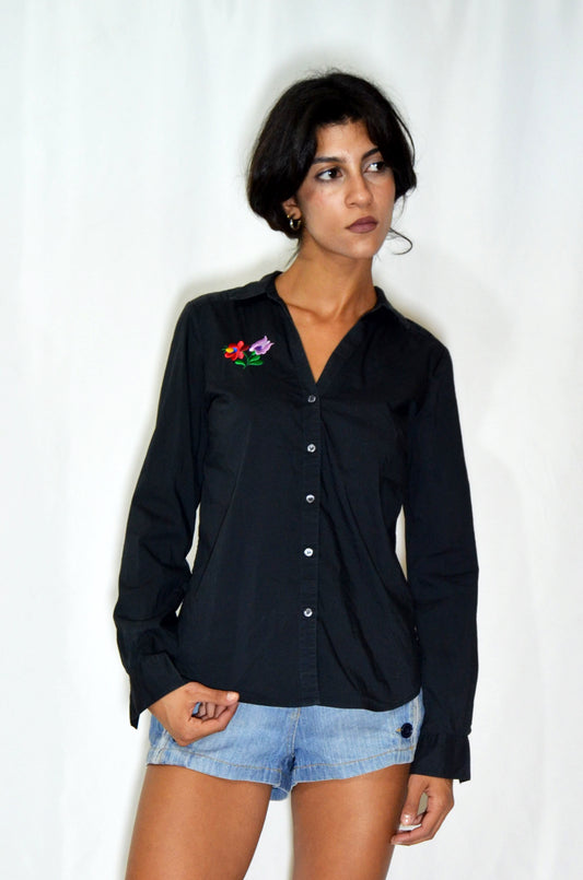 Grey Vintage Floral Embroidered Shirt