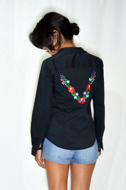 Grey Vintage Floral Embroidered Shirt