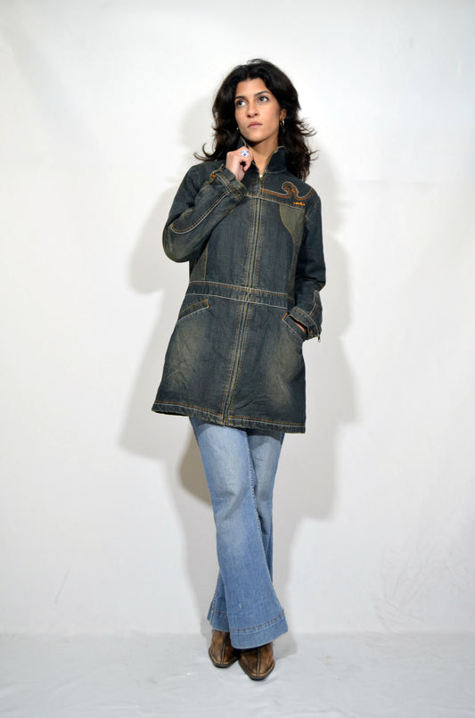 Blue Denim Washed Out Long Vintage Jacket