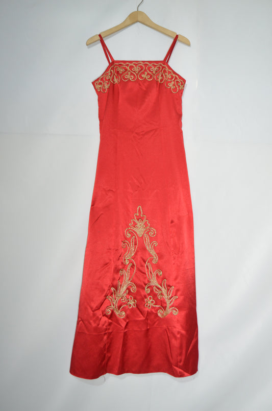 Red Satin Maxi Dress with some Gold Embroideries