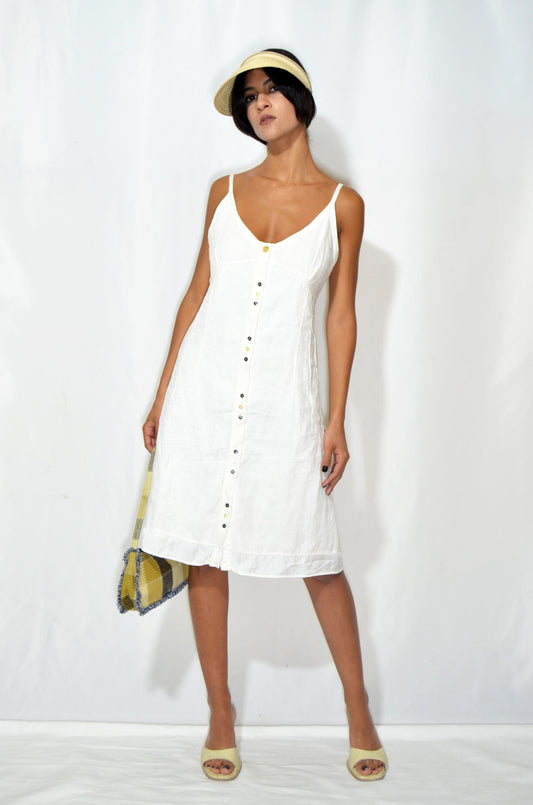 White Linen Vintage Midi Dress