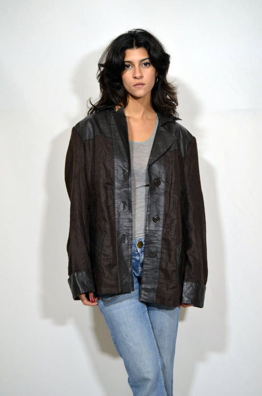 Brown Leather & Linen Vintage Jacket