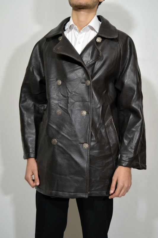 Brown Genuine Leather Double Breasted Vintage Coat