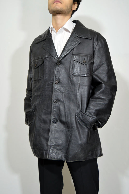 Black Genuine Leather Belted Jacket