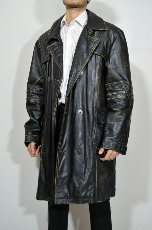 Black Genuine Leather Vintage Long Coat