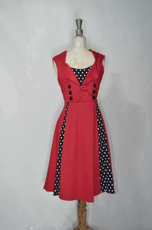 Red & Black Dotted Flared Midi Dress