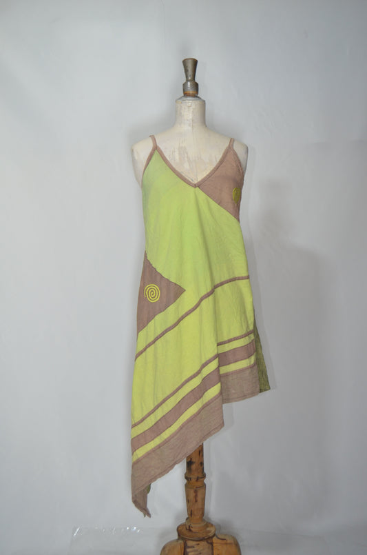 Green & Brown Linen Asymmetrical Midi Dress