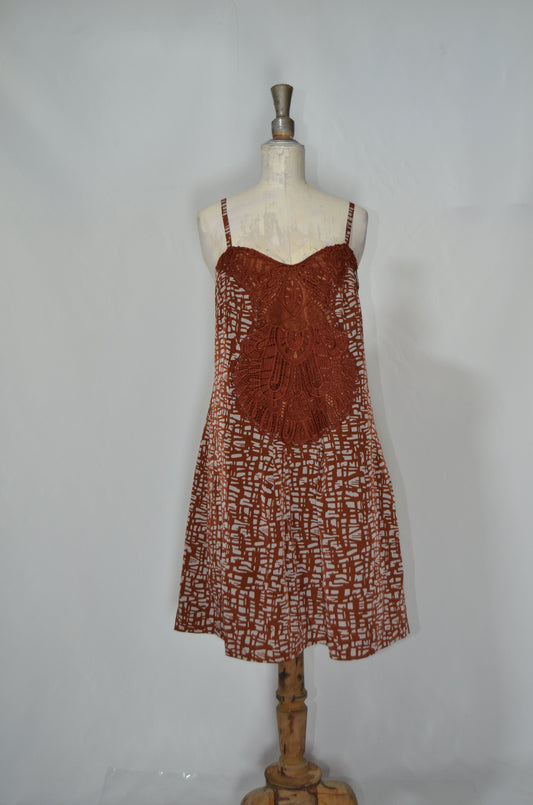 Brown Patterned Crossed Back Flared Dress