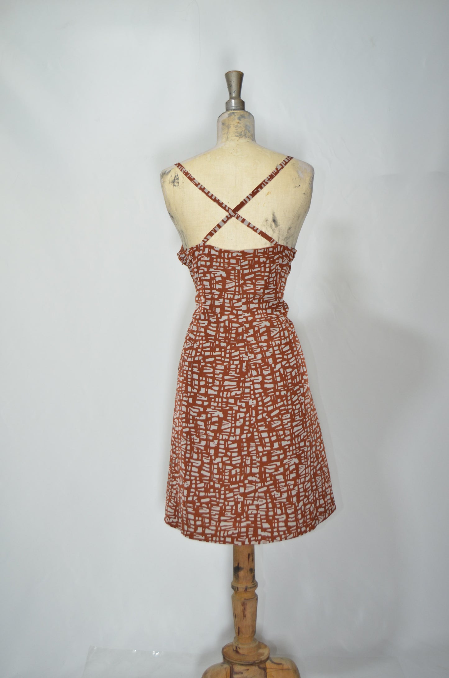 Brown Patterned Crossed Back Flared Dress