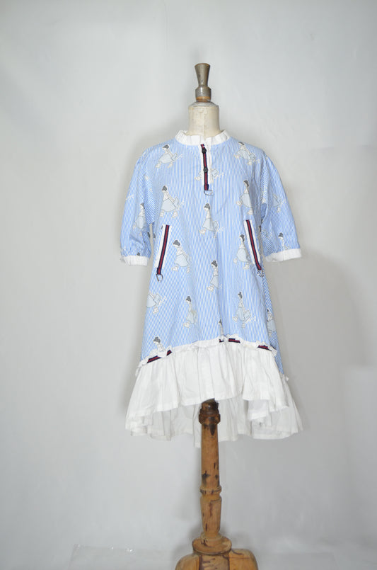 Blue Patterned Cotton Flared & Ruffled Dress