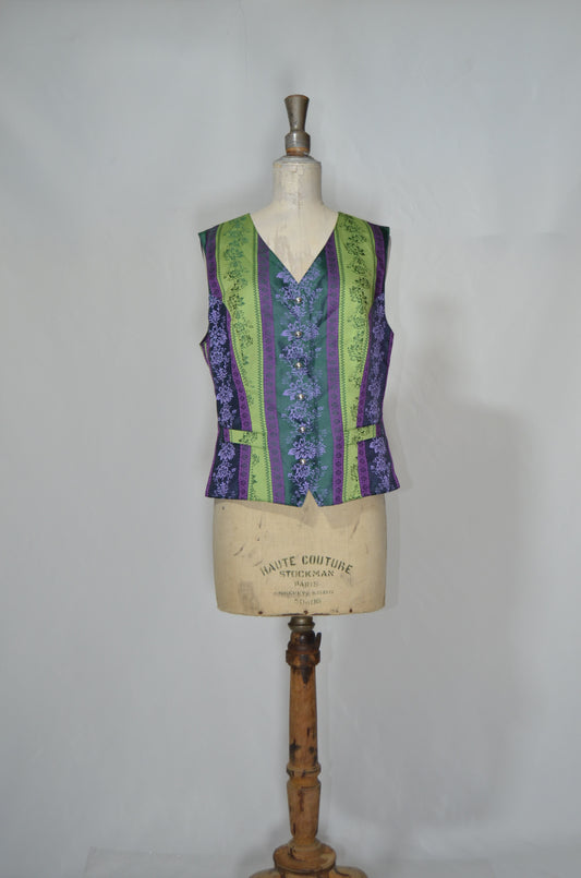 Green & Purple Silky Fitted Patterned Vest