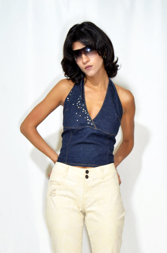 Blue Denim Vintage Backless Top