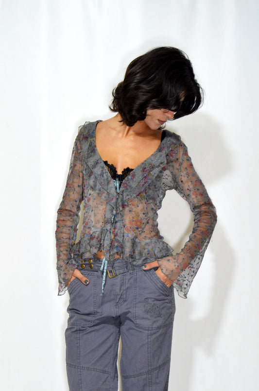 Grey Floral See-through Top