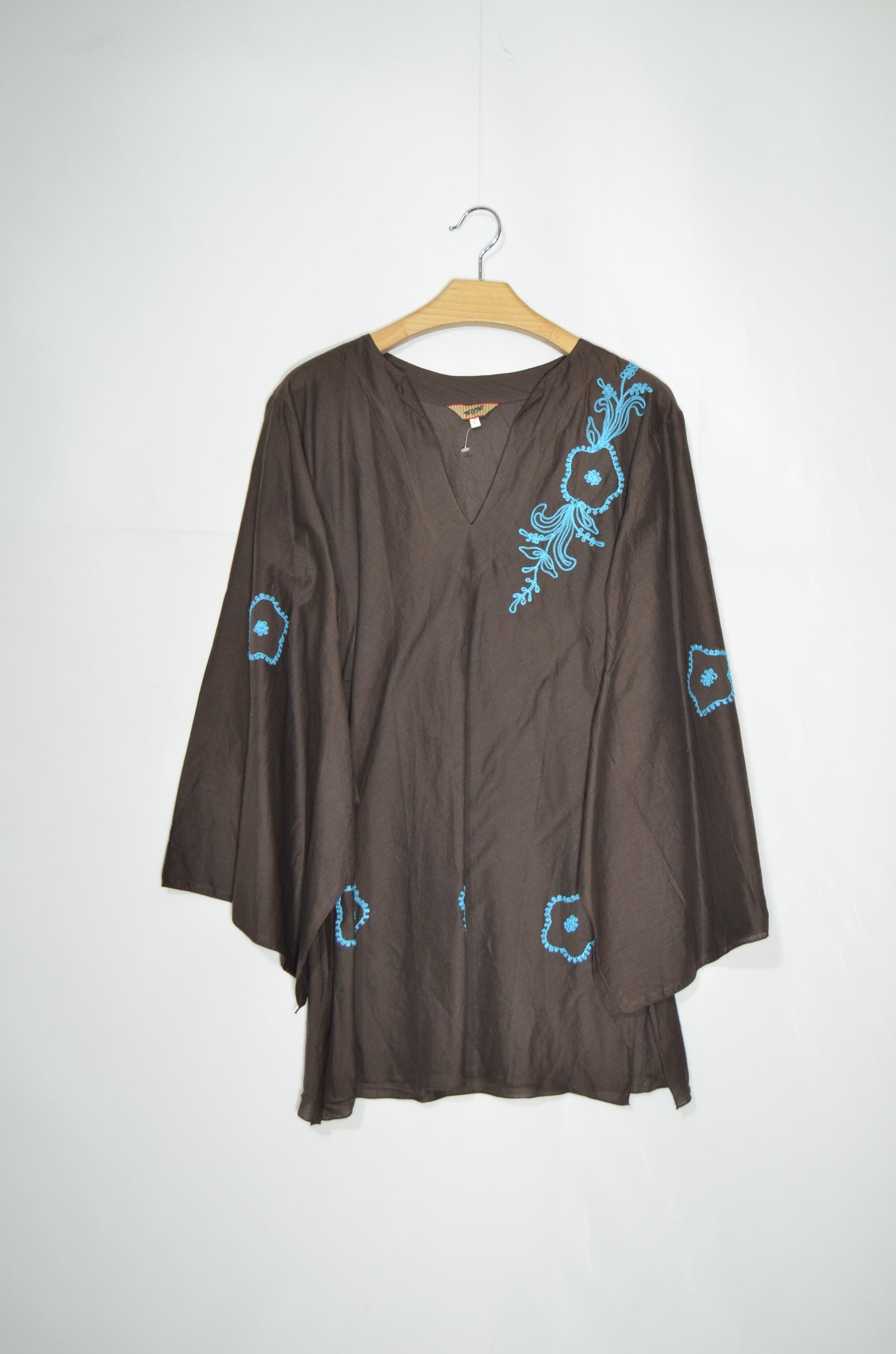 Brown Flowy Blue Embroidered Top