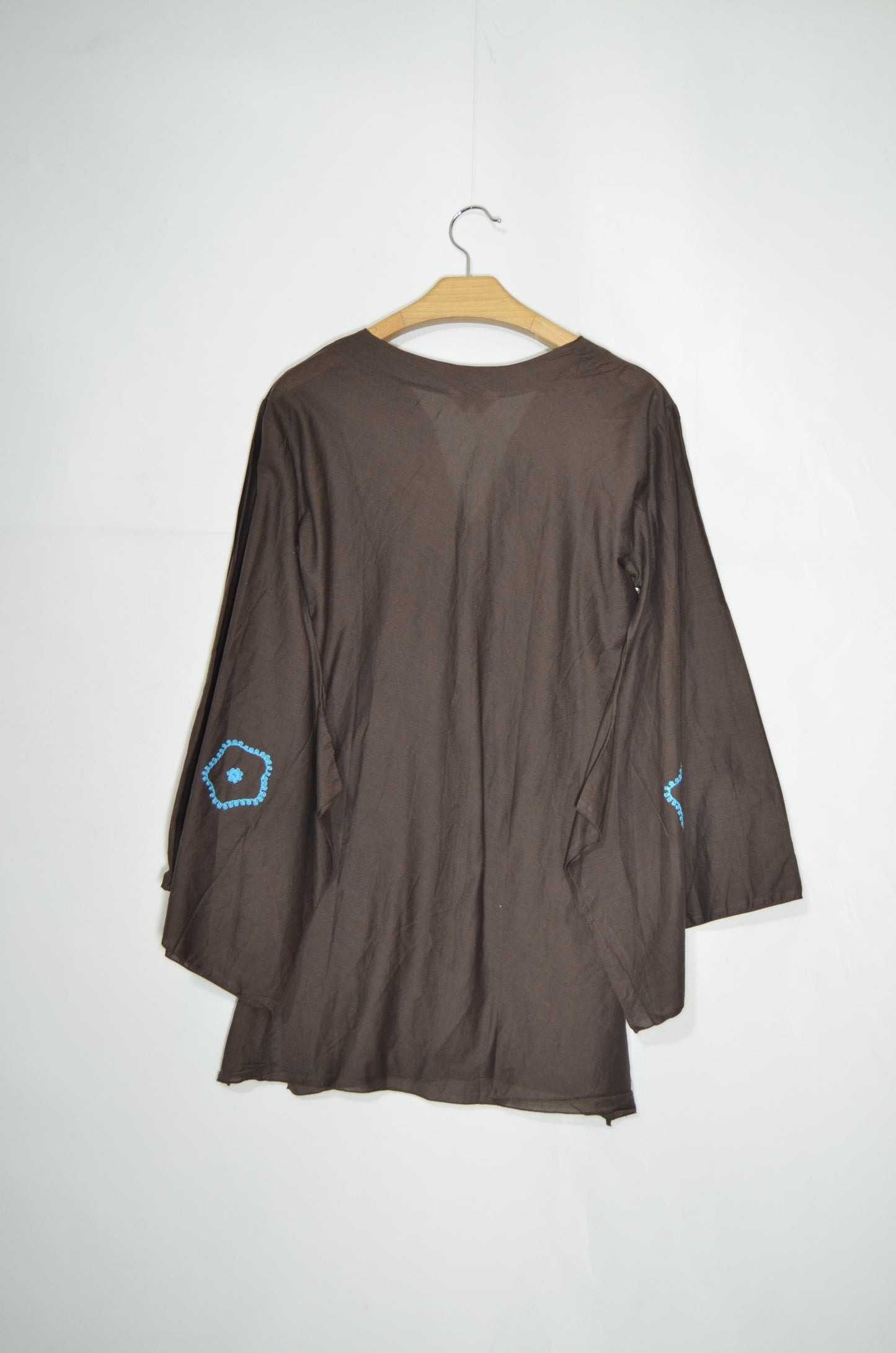 Brown Flowy Blue Embroidered Top