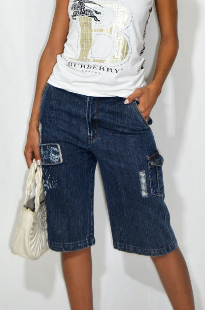Vintage Blue Mid Denim Ripped Shorts