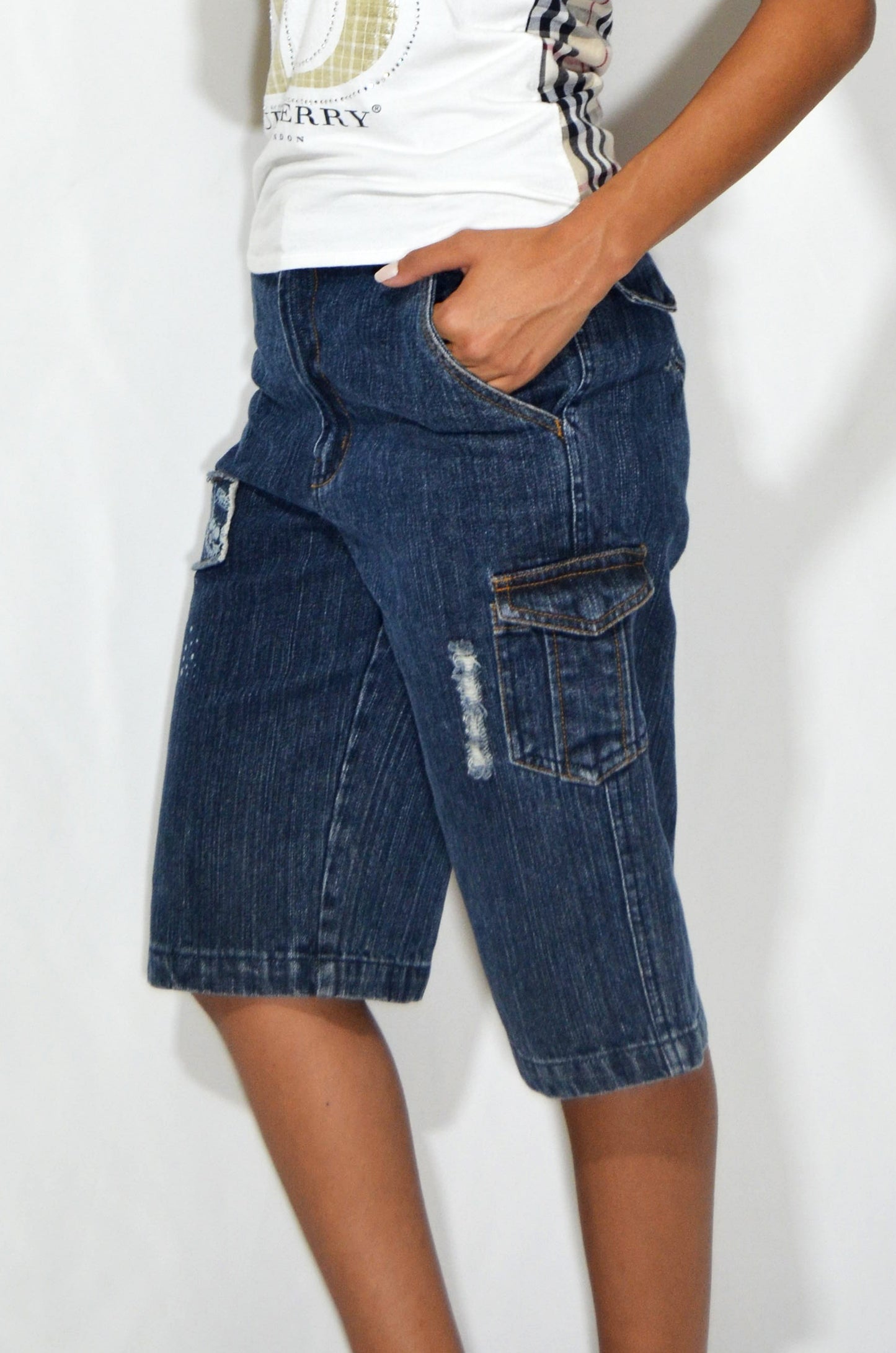 Vintage Blue Mid Denim Ripped Shorts