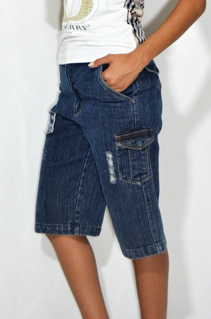 Vintage Blue Mid Denim Ripped Shorts