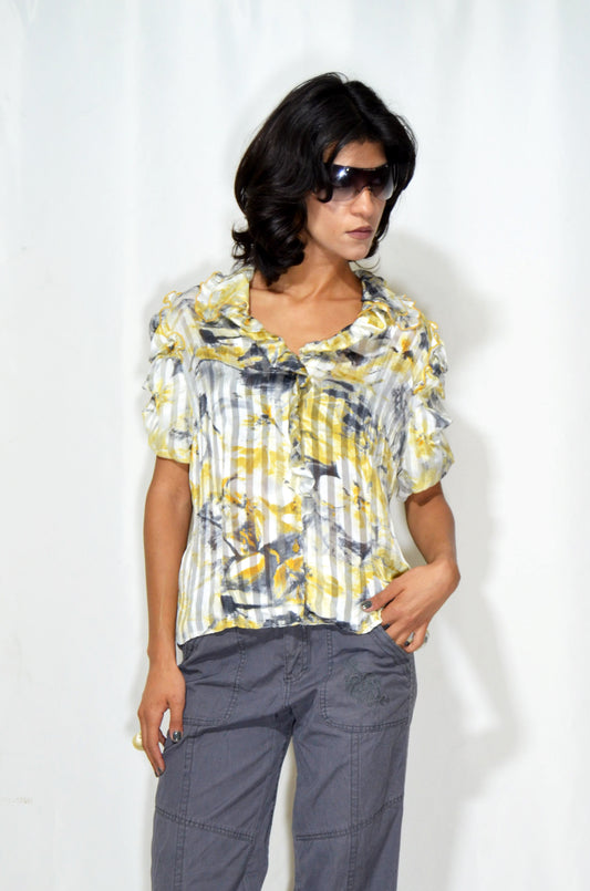 Yellow, grey & white Vintage Illustrated Shirt