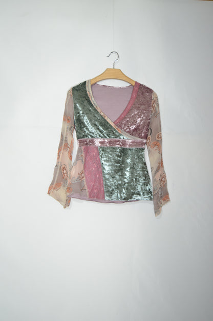 Pink & Green Velvet Flowy Top with Mesh Sleeves