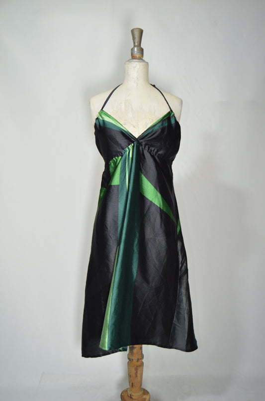 Black & Green Silky Backless Midi Dress