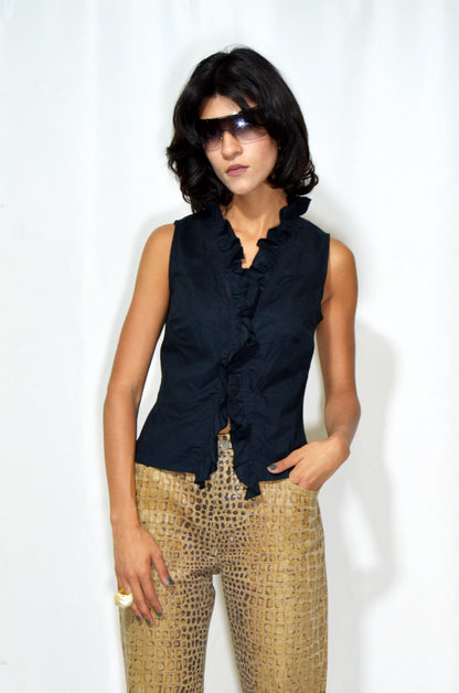 Black Vintage Ruffled Top