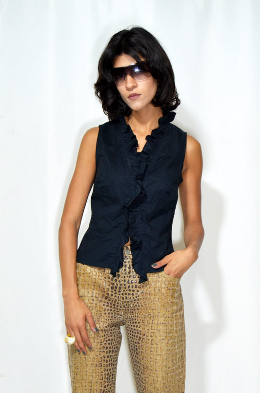 Black Vintage Ruffled Top