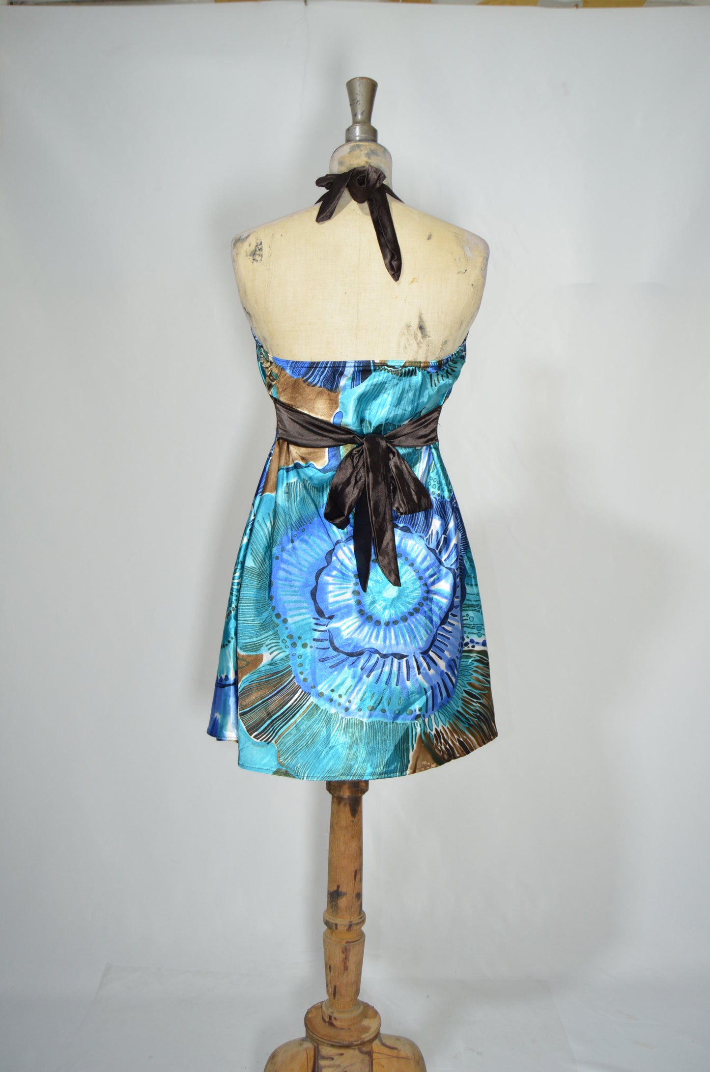 Blue & Brown Patterned Silky Mini Dress