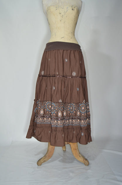 Brown Patterned Flared Maxi Skirt