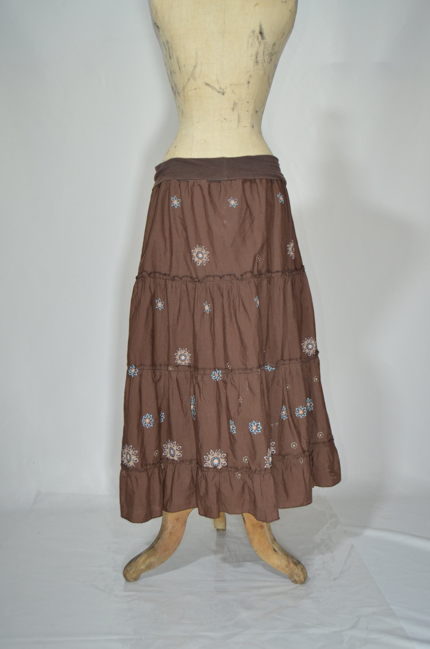 Brown Patterned Flared Maxi Skirt