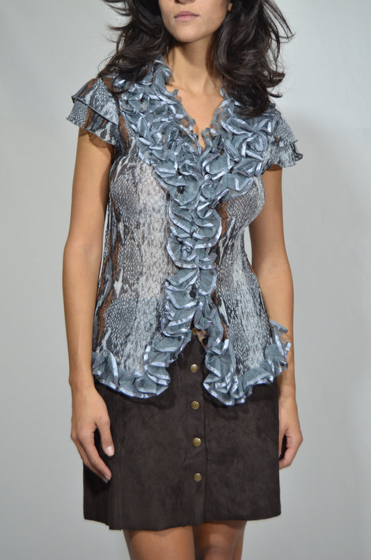 Grey Animal patterned Ruffled Top