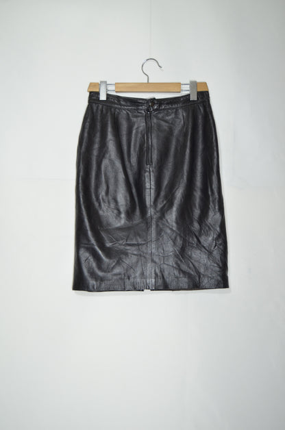 Black Genuine Leather Straight Midi Skirt