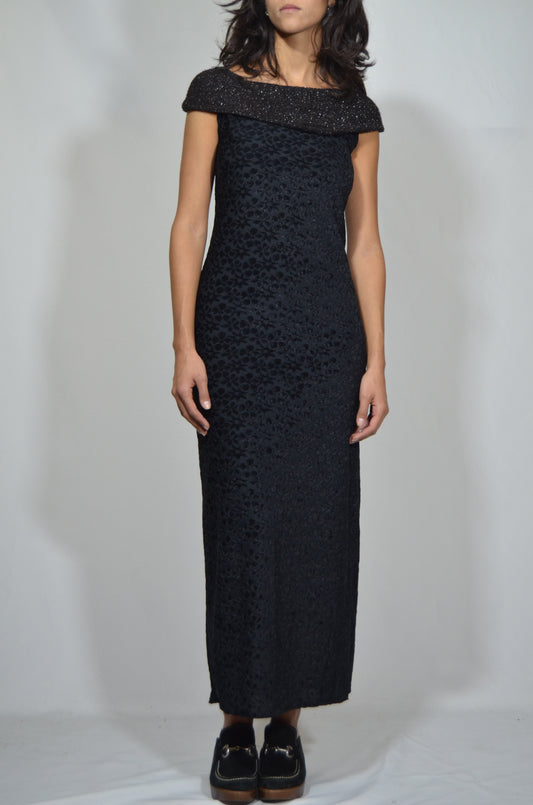 Black Col Bateau Velvet Maxi Dress