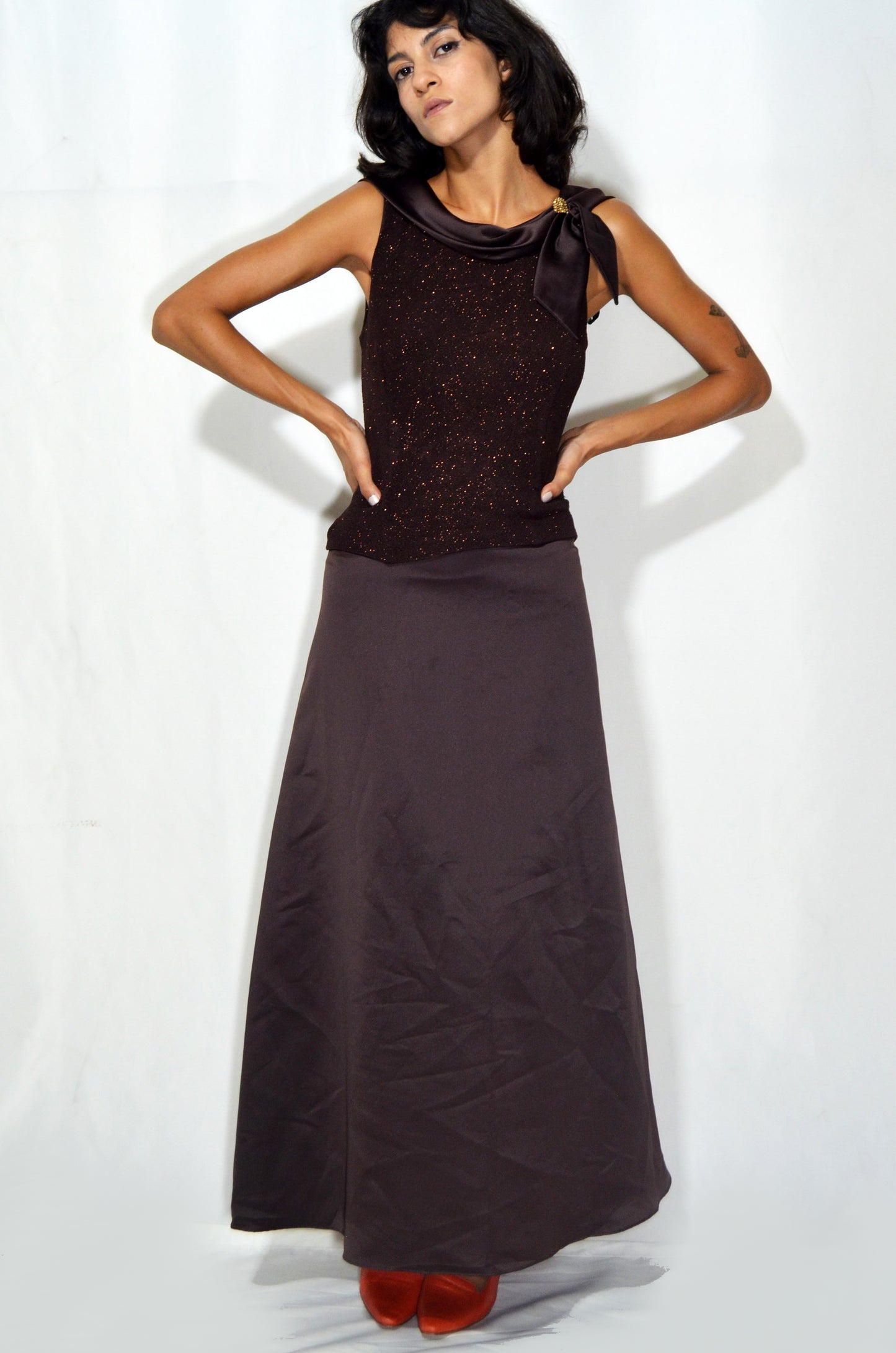 Vintage Brown Flared Sparkly Evening Gown