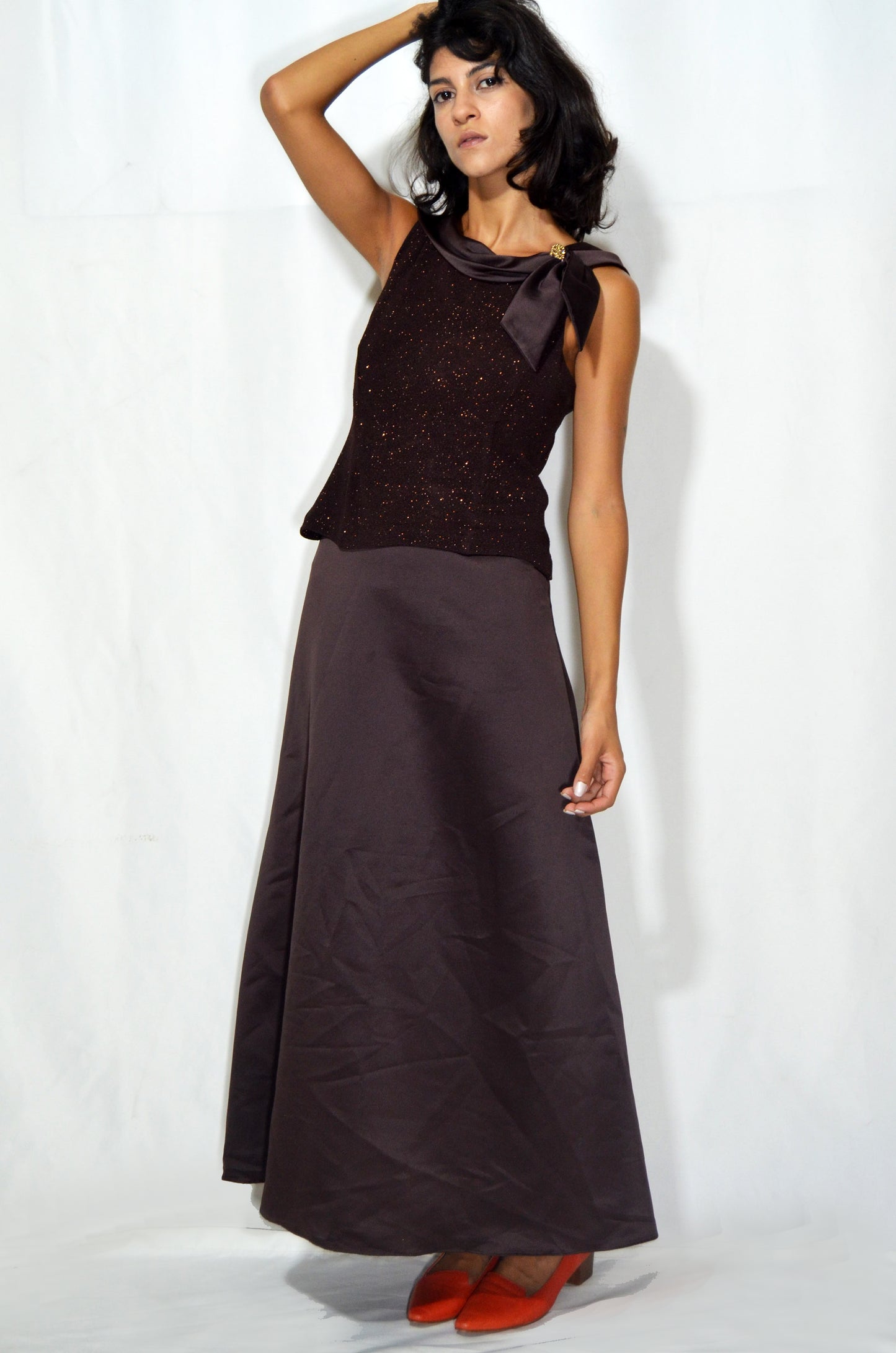 Vintage Brown Flared Sparkly Evening Gown