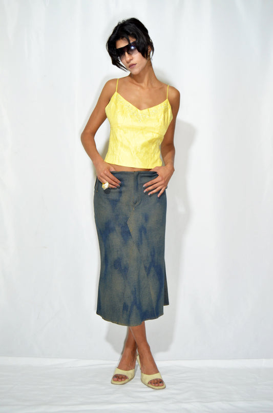 "Jus D'orange" Beige & blue Washed-out Vintage Denim Midi Skirt