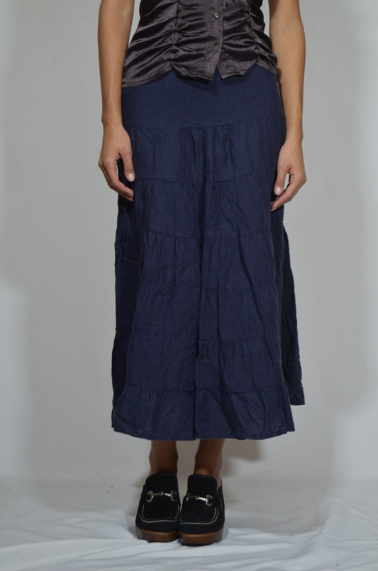 Blue Linen Ruffled Maxi Skirt