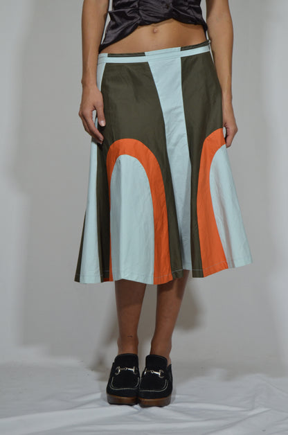 Blue, Brown & Orange patterned Cotton Midi Skirt