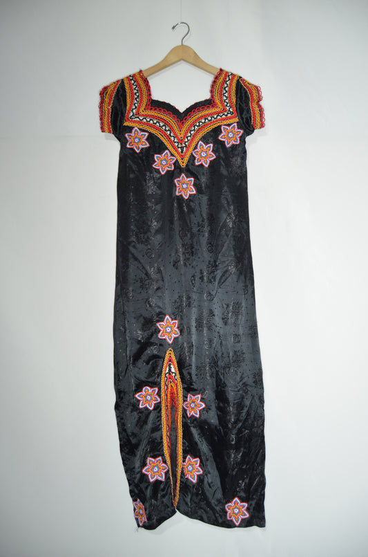 Black Silk Maxi Dress with some Colorful Embroideries