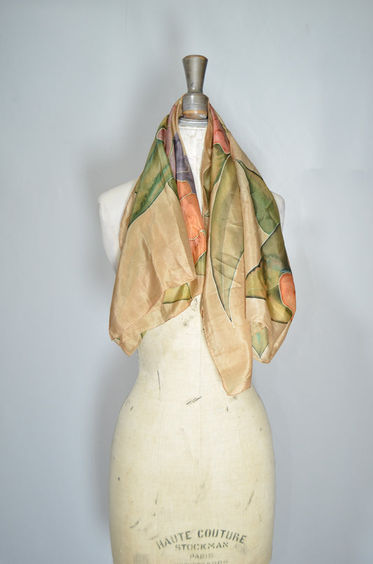 Beige & Green Floral Silky Scarf