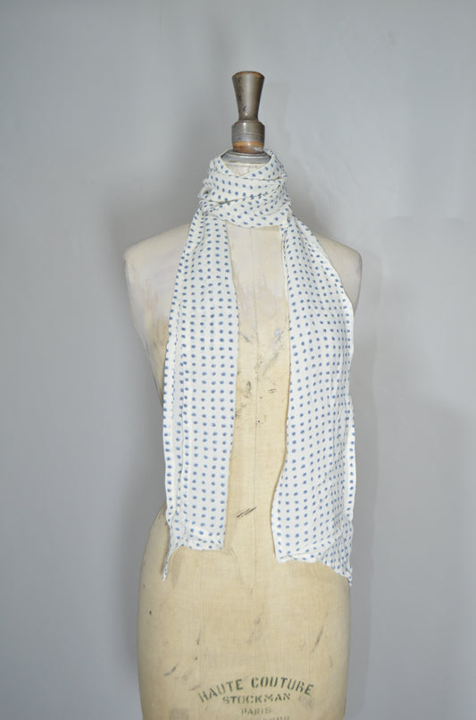 White & Blue Dotted Silky Scarf