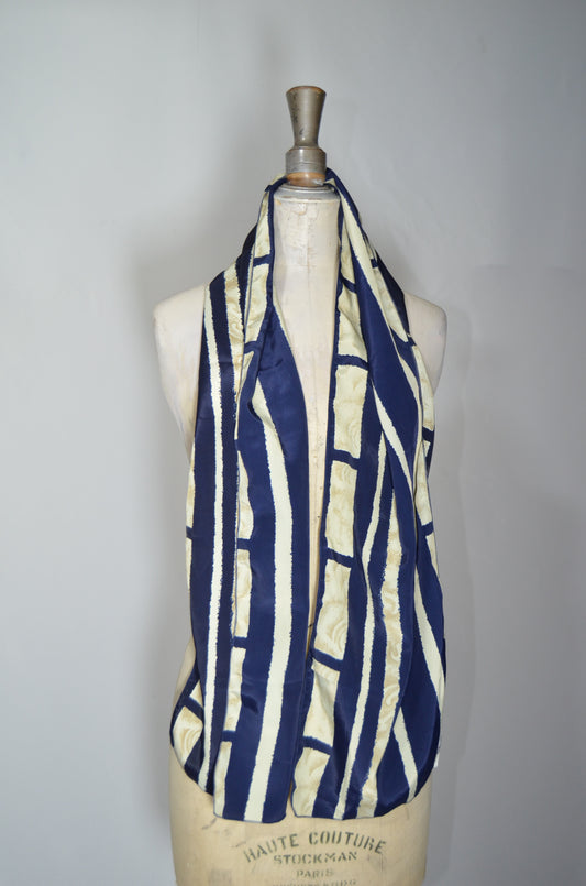 Blue & Beige Patterned Silky Scarf