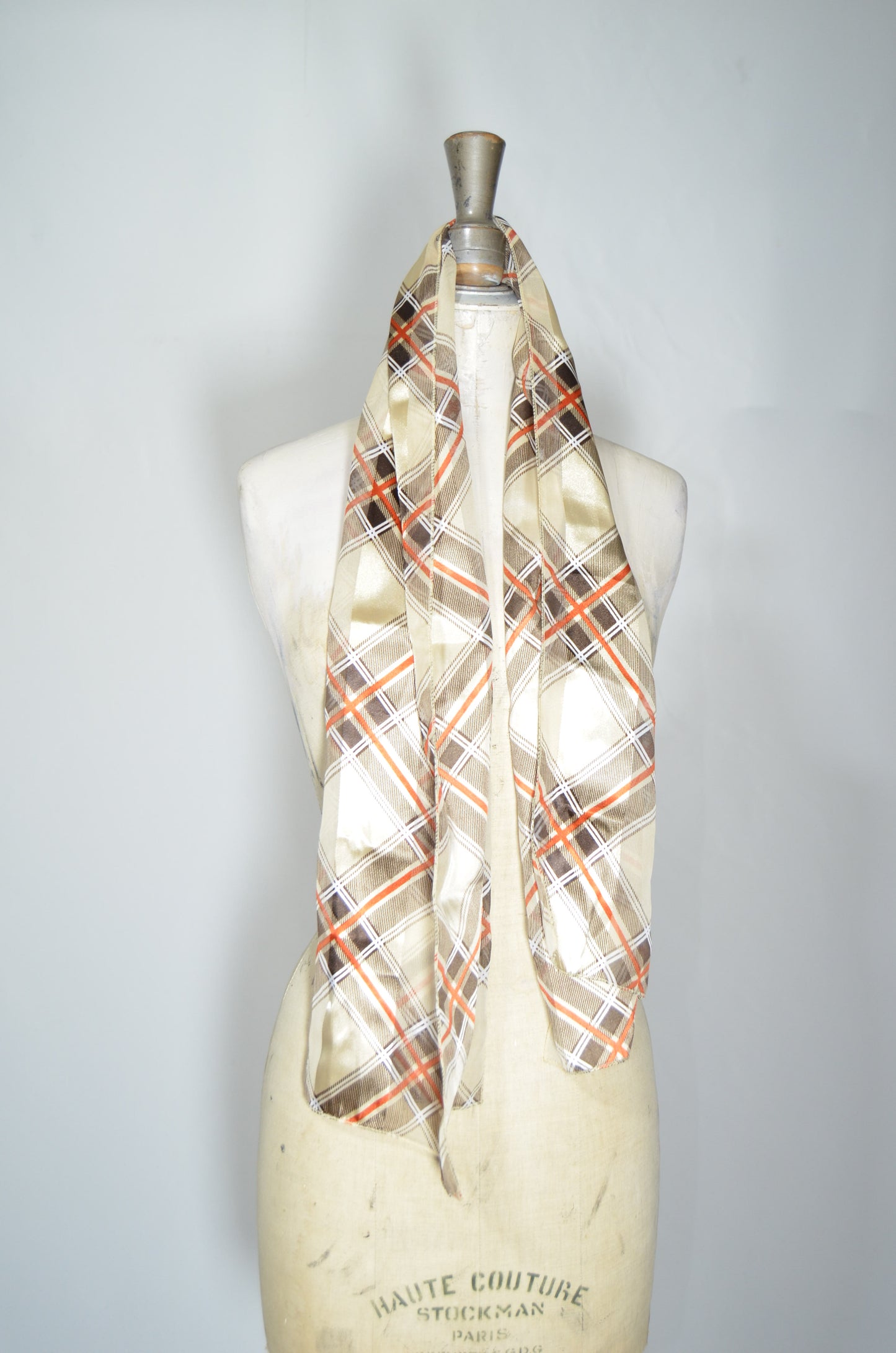 Beige & Orange Checkered Silky Scarf