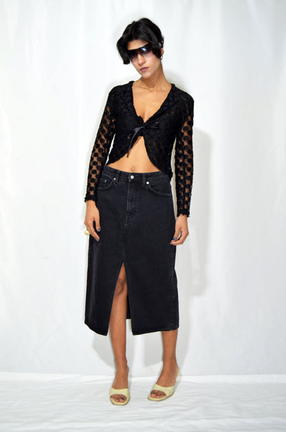 Black Vintage Denim Midi Skirt