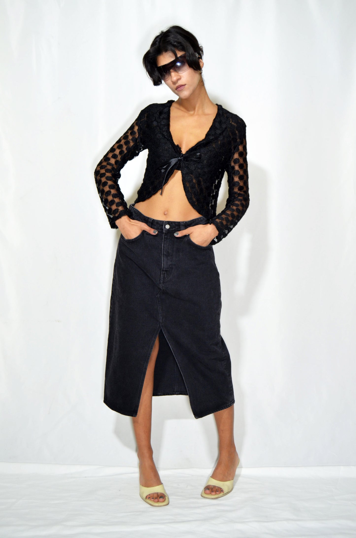 Black Vintage Denim Midi Skirt